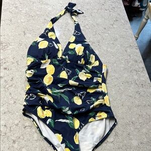 Joules Lemon Print Navy One Piece Swimsuit